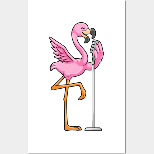 Flamingo at Singing with Microphone Posters and Art